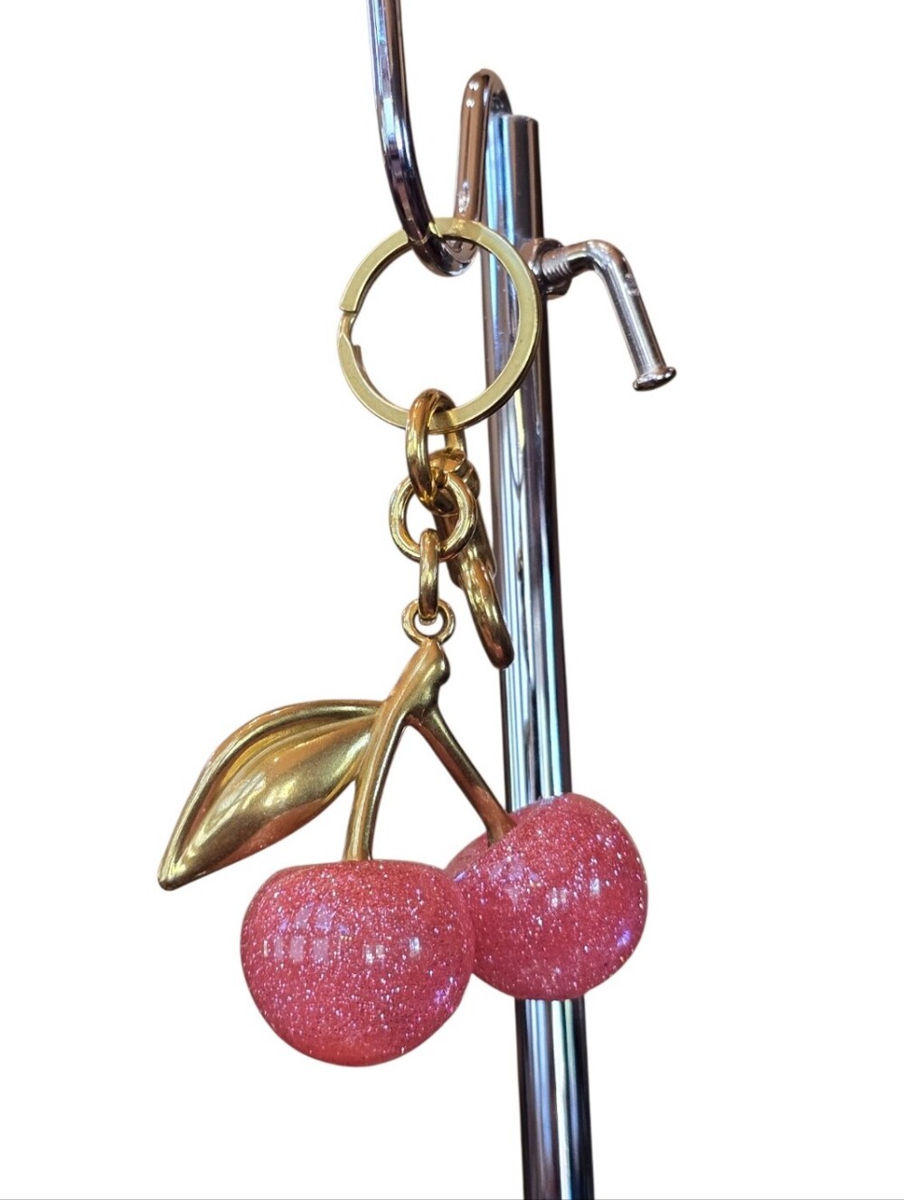 Cherry Pink Glitter Goldtone Bag Charm Key Chain - Picture 3 of 5